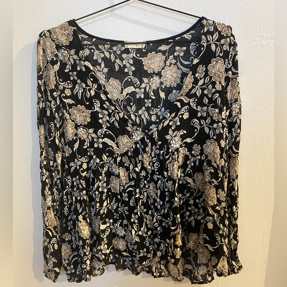 Black, gold and white floral blouse